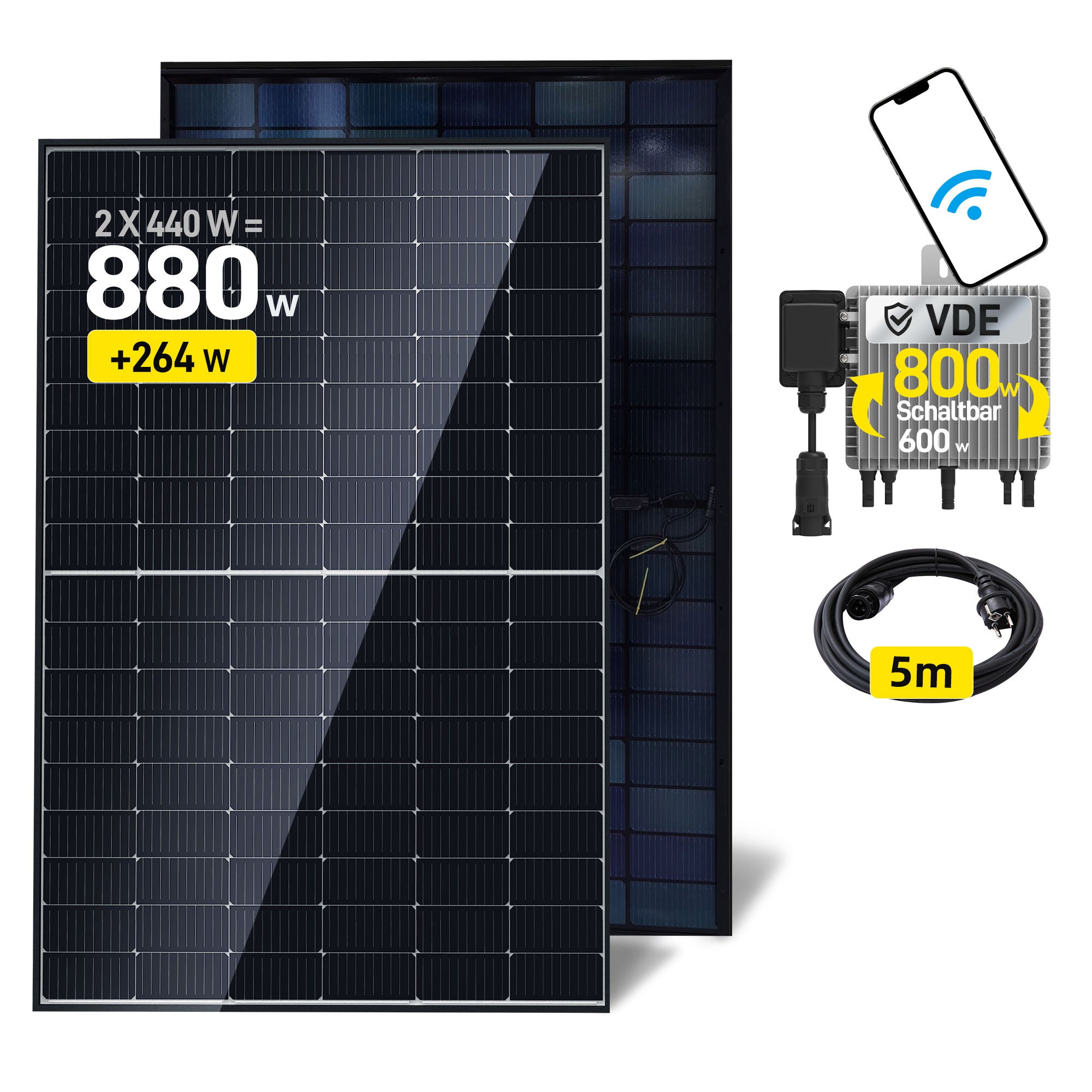 Ergofino Balkonkraftwerk 880W mit 2x440W Bifazialer Glas Solarmodule, Wechselrichter 800W, Kabel