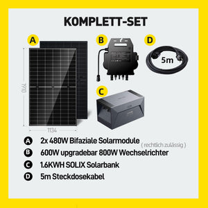 ERGOFINO Komplettset Balkonkraftwerk 960W mit Solarspeicher, enthält 2x480W bifaziale Glas-Glas-Solarmodule, APsystems EZ1 Wechselrichter 800W, Anker SOLlX Solarbank E1600 und Kabel