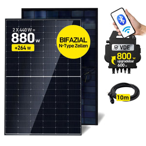 Ergofino Balkonkraftwerk 880W mit 2x440W Bifazialer Glas Solarmodule, Wechselrichter 800W, Kabel