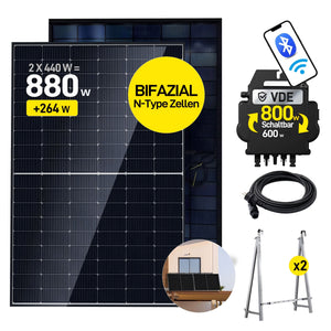 Ergofino Balkonkraftwerk 880W mit 2x440W Bifazialer Glas Solarmodule, Wechselrichter 800W, Kabel