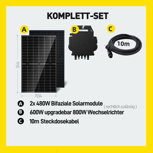 Ergofino Komplettset Balkonkraftwerk 960W mit 2x480W Bifazialer Glas-Glas Solarmodule, APsystems Wechselrichter EZ1-M, AC Kabel