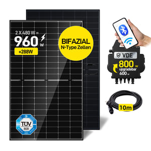 Ergofino Komplettset Balkonkraftwerk 960W mit 2x480W Bifazialer Glas-Glas Solarmodule, APsystems Wechselrichter EZ1-M, AC Kabel